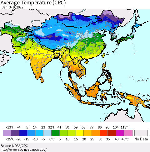Asia Average Temperature (CPC) Thematic Map For 1/3/2022 - 1/9/2022