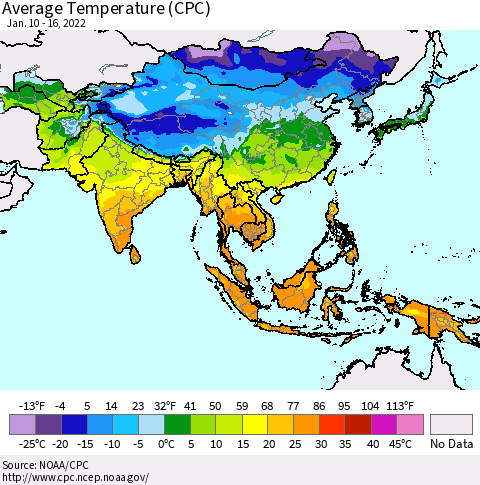 Asia Average Temperature (CPC) Thematic Map For 1/10/2022 - 1/16/2022