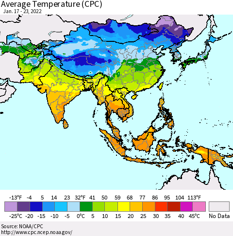 Asia Average Temperature (CPC) Thematic Map For 1/17/2022 - 1/23/2022