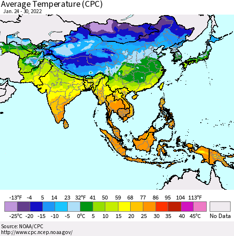 Asia Average Temperature (CPC) Thematic Map For 1/24/2022 - 1/30/2022