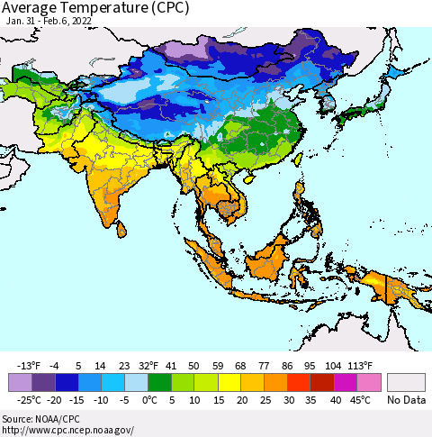 Asia Average Temperature (CPC) Thematic Map For 1/31/2022 - 2/6/2022