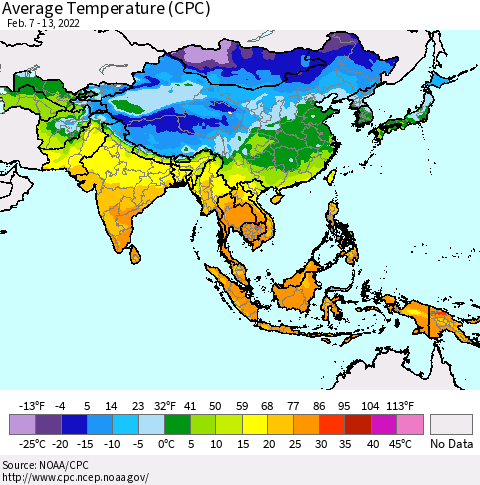 Asia Average Temperature (CPC) Thematic Map For 2/7/2022 - 2/13/2022