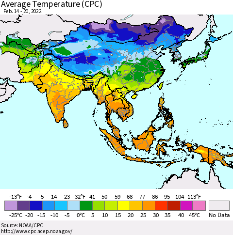 Asia Average Temperature (CPC) Thematic Map For 2/14/2022 - 2/20/2022
