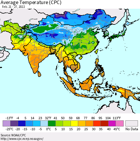 Asia Average Temperature (CPC) Thematic Map For 2/21/2022 - 2/27/2022