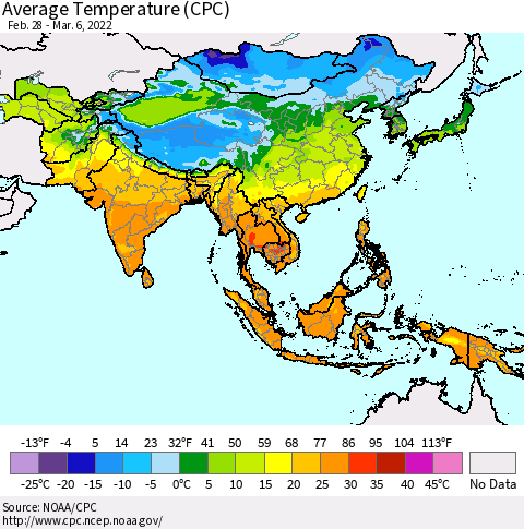 Asia Average Temperature (CPC) Thematic Map For 2/28/2022 - 3/6/2022
