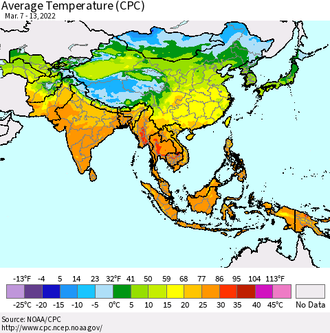 Asia Average Temperature (CPC) Thematic Map For 3/7/2022 - 3/13/2022