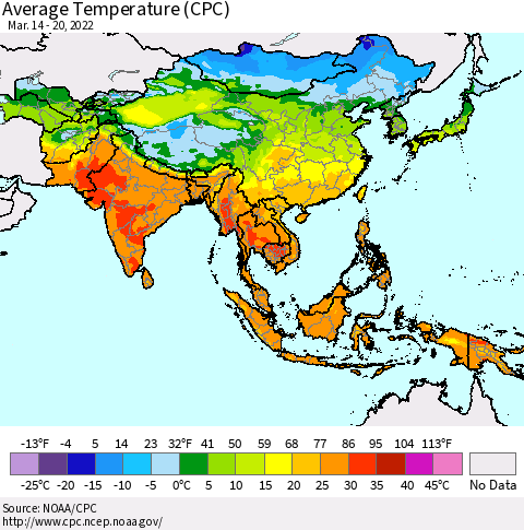 Asia Average Temperature (CPC) Thematic Map For 3/14/2022 - 3/20/2022