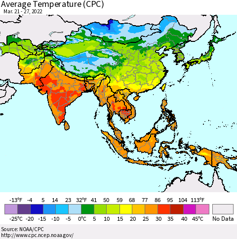 Asia Average Temperature (CPC) Thematic Map For 3/21/2022 - 3/27/2022
