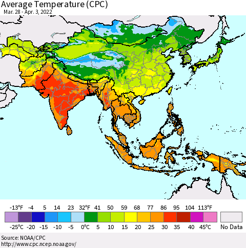 Asia Average Temperature (CPC) Thematic Map For 3/28/2022 - 4/3/2022