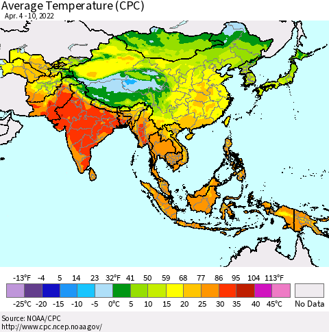 Asia Average Temperature (CPC) Thematic Map For 4/4/2022 - 4/10/2022