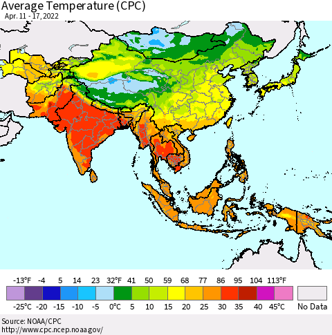 Asia Average Temperature (CPC) Thematic Map For 4/11/2022 - 4/17/2022