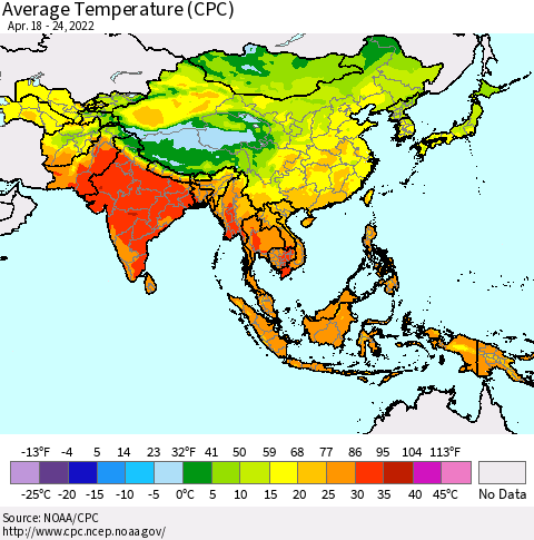 Asia Average Temperature (CPC) Thematic Map For 4/18/2022 - 4/24/2022