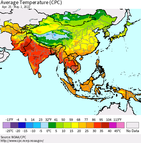 Asia Average Temperature (CPC) Thematic Map For 4/25/2022 - 5/1/2022