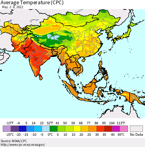 Asia Average Temperature (CPC) Thematic Map For 5/2/2022 - 5/8/2022