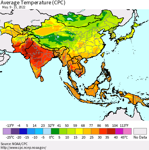 Asia Average Temperature (CPC) Thematic Map For 5/9/2022 - 5/15/2022