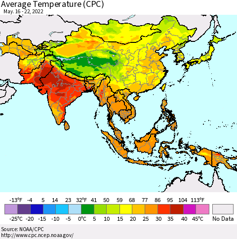 Asia Average Temperature (CPC) Thematic Map For 5/16/2022 - 5/22/2022