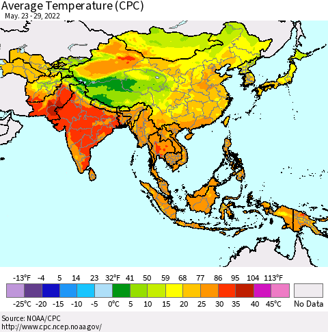 Asia Average Temperature (CPC) Thematic Map For 5/23/2022 - 5/29/2022