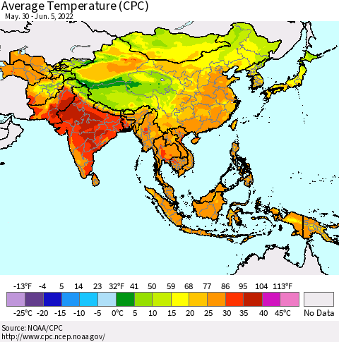 Asia Average Temperature (CPC) Thematic Map For 5/30/2022 - 6/5/2022
