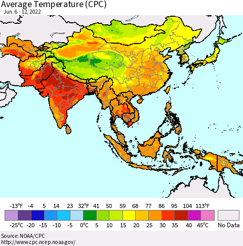 Asia Average Temperature (CPC) Thematic Map For 6/6/2022 - 6/12/2022