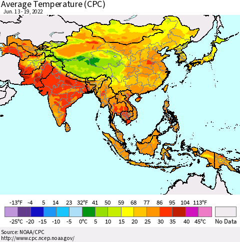 Asia Average Temperature (CPC) Thematic Map For 6/13/2022 - 6/19/2022