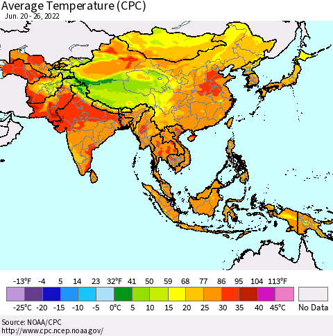 Asia Average Temperature (CPC) Thematic Map For 6/20/2022 - 6/26/2022