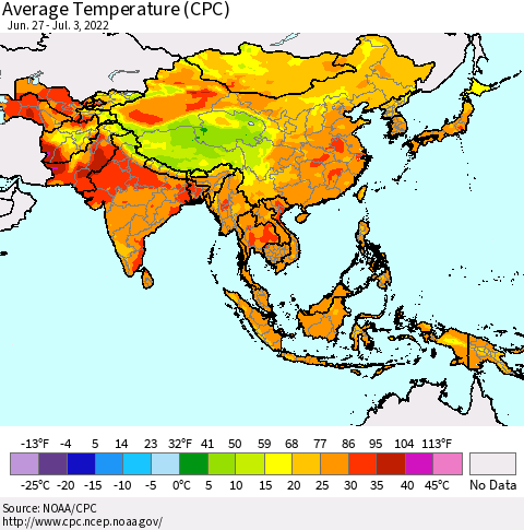 Asia Average Temperature (CPC) Thematic Map For 6/27/2022 - 7/3/2022
