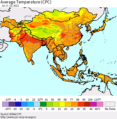 Asia Average Temperature (CPC) Thematic Map For 7/4/2022 - 7/10/2022