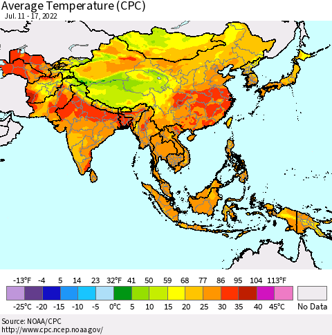 Asia Average Temperature (CPC) Thematic Map For 7/11/2022 - 7/17/2022