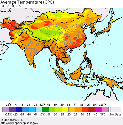 Asia Average Temperature (CPC) Thematic Map For 7/25/2022 - 7/31/2022