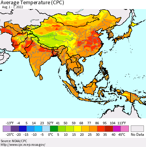 Asia Average Temperature (CPC) Thematic Map For 8/1/2022 - 8/7/2022