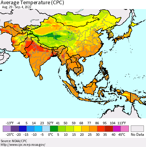 Asia Average Temperature (CPC) Thematic Map For 8/29/2022 - 9/4/2022