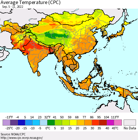 Asia Average Temperature (CPC) Thematic Map For 9/5/2022 - 9/11/2022