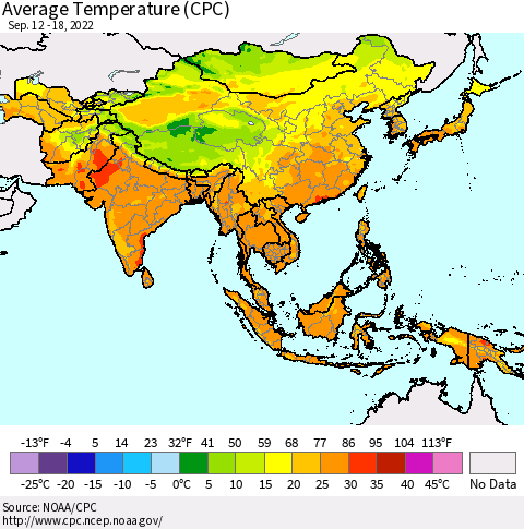 Asia Average Temperature (CPC) Thematic Map For 9/12/2022 - 9/18/2022