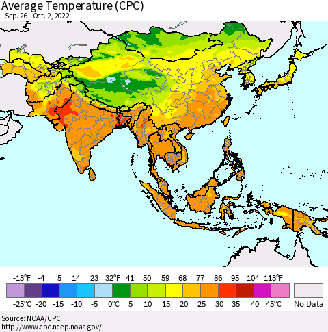 Asia Average Temperature (CPC) Thematic Map For 9/26/2022 - 10/2/2022