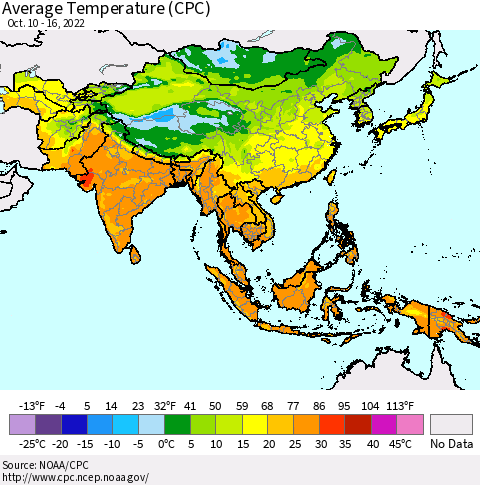 Asia Average Temperature (CPC) Thematic Map For 10/10/2022 - 10/16/2022