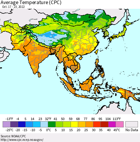 Asia Average Temperature (CPC) Thematic Map For 10/17/2022 - 10/23/2022