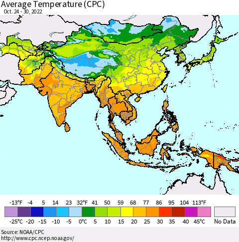 Asia Average Temperature (CPC) Thematic Map For 10/24/2022 - 10/30/2022