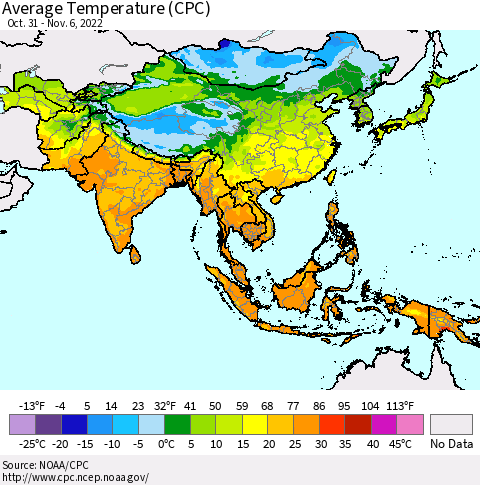 Asia Average Temperature (CPC) Thematic Map For 10/31/2022 - 11/6/2022