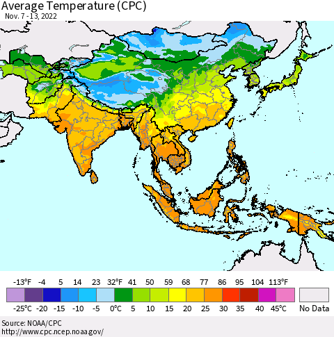 Asia Average Temperature (CPC) Thematic Map For 11/7/2022 - 11/13/2022