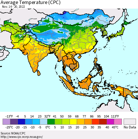 Asia Average Temperature (CPC) Thematic Map For 11/14/2022 - 11/20/2022