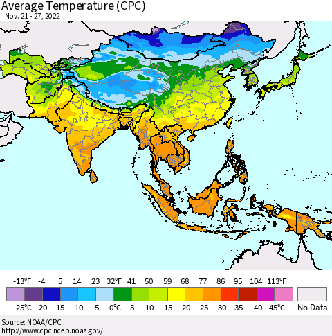 Asia Average Temperature (CPC) Thematic Map For 11/21/2022 - 11/27/2022