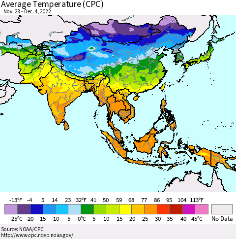 Asia Average Temperature (CPC) Thematic Map For 11/28/2022 - 12/4/2022