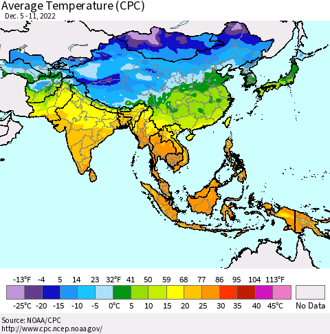 Asia Average Temperature (CPC) Thematic Map For 12/5/2022 - 12/11/2022
