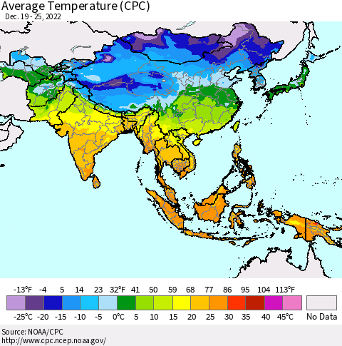 Asia Average Temperature (CPC) Thematic Map For 12/19/2022 - 12/25/2022