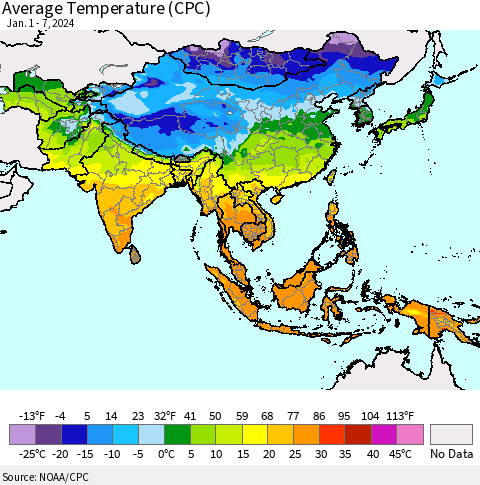 Asia Average Temperature (CPC) Thematic Map For 1/1/2024 - 1/7/2024