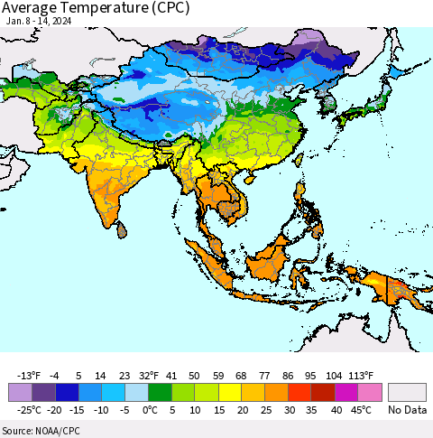 Asia Average Temperature (CPC) Thematic Map For 1/8/2024 - 1/14/2024
