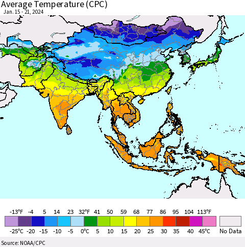 Asia Average Temperature (CPC) Thematic Map For 1/15/2024 - 1/21/2024
