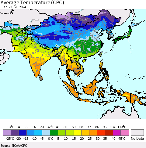 Asia Average Temperature (CPC) Thematic Map For 1/22/2024 - 1/28/2024