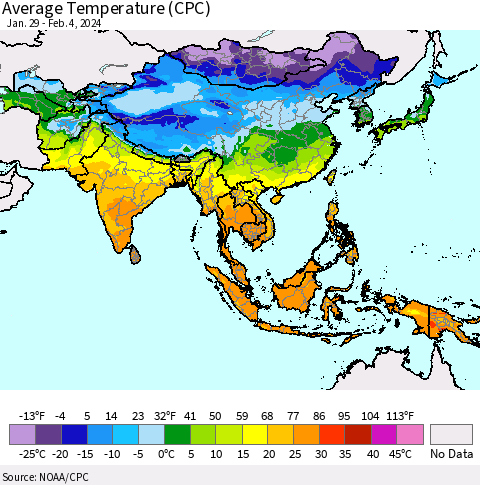 Asia Average Temperature (CPC) Thematic Map For 1/29/2024 - 2/4/2024