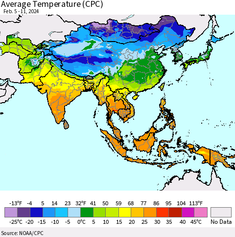 Asia Average Temperature (CPC) Thematic Map For 2/5/2024 - 2/11/2024